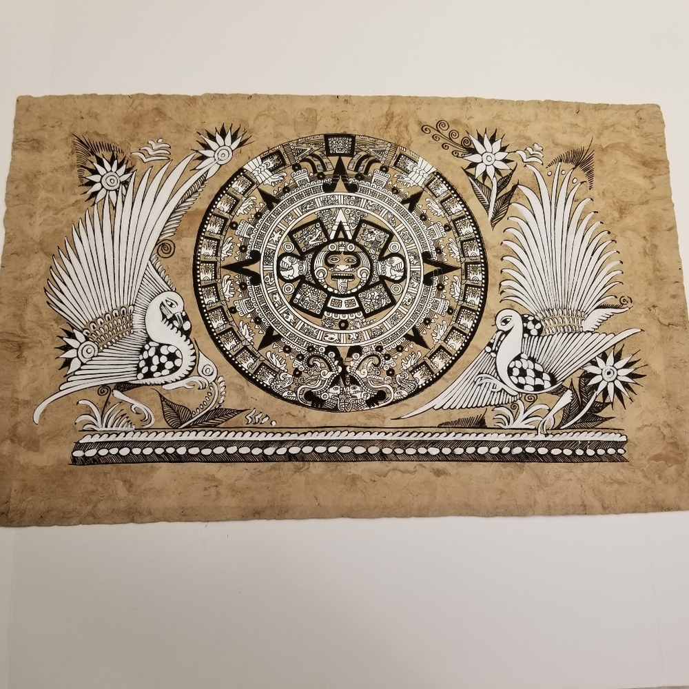 🔻REDUCED❣Aztec Mayan Clock with Aztec Birds Original Hand Painting Paper Mexico